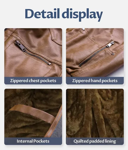 Vista 6 de CREATMO US Chaqueta de piel sintética para hombre, impermeable, resistente al viento, PU con capucha extraíble
