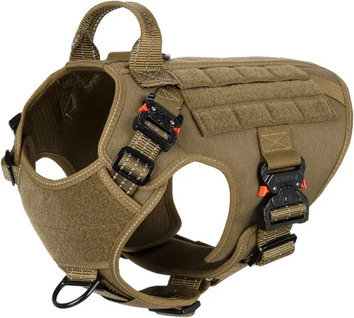 Vista 14 de ICEFANG Arnés táctico para perro con 4 hebillas de metal, chaleco, equipo para transportar carga, ligero y modular para perro con asa, sin correa