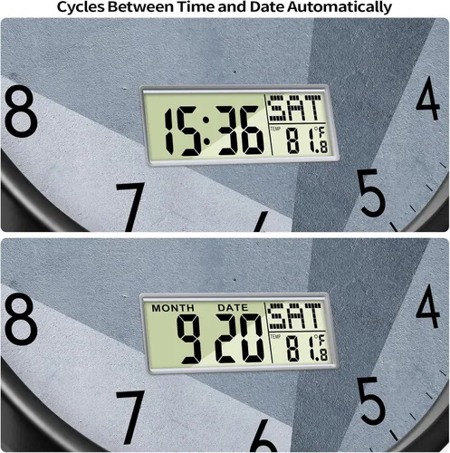 Vista 5 de Reloj de pared industrial SCOAGE con día, semana, temperatura en gris azulado, relojes digitales sin tictac de gran pantalla, relojes de pared