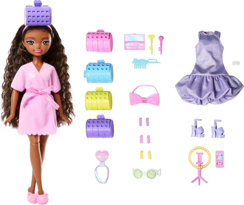 Vista 7 de Muñeca de moda Barbie Dream GET Ready Malibu con cabello estilizado, incluye accesorios sorpresa para el cabello y más de 15 looks