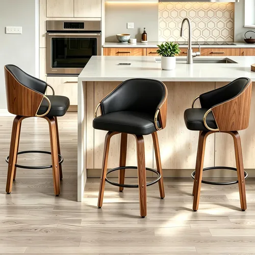 Vista 22 de Taburetes de bar giratorios de 24.8 pulgadas, taburetes de bar de cuero negro, sillas de bar modernas de mediados de siglo con patas de madera