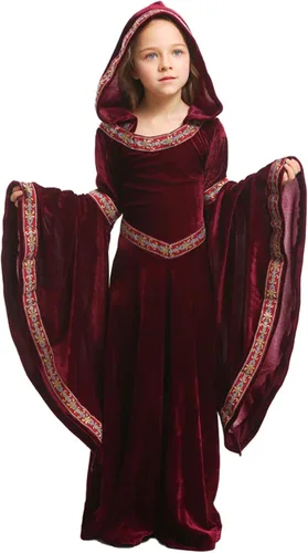 Vista 3 de RABISS Disfraz de princesa medieval con capucha para niños, disfraz de feria renacentista, disfraz de niña