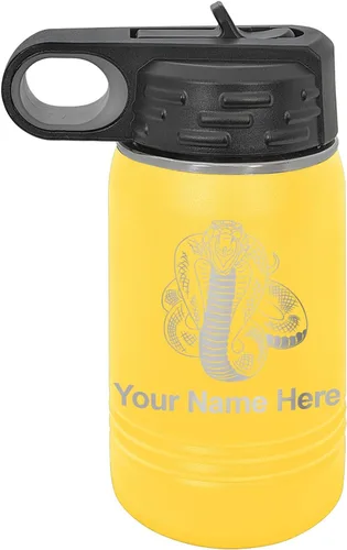Vista 54 de LaserGram Botella de agua personalizada, serpiente de cobra, acero inoxidable de doble pared aislada al vacío con popote superior, regalo grabado