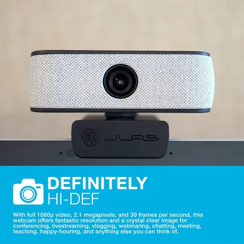 Vista 2 de JLab, JBuds Cam, cámara web USB, enfoque automático de 1080p, micrófono dual, negro con placa frontal blanca