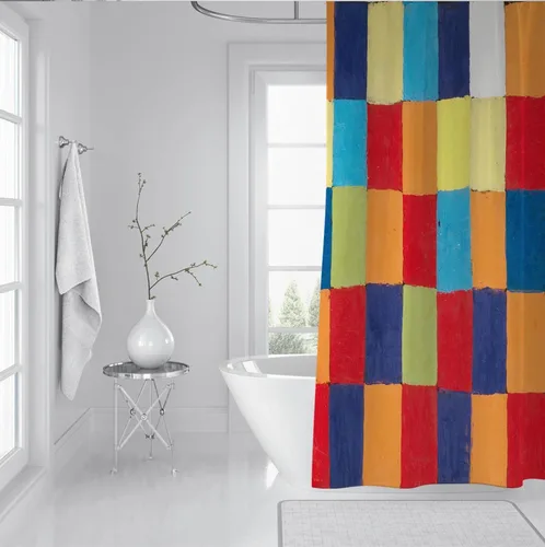 Vista 3 de Cortina de ducha de tela de baño rojo y naranja, calidad de hotel, cortinas de ducha azul y verde con agujeros de ojales, lavable a máquina, varios