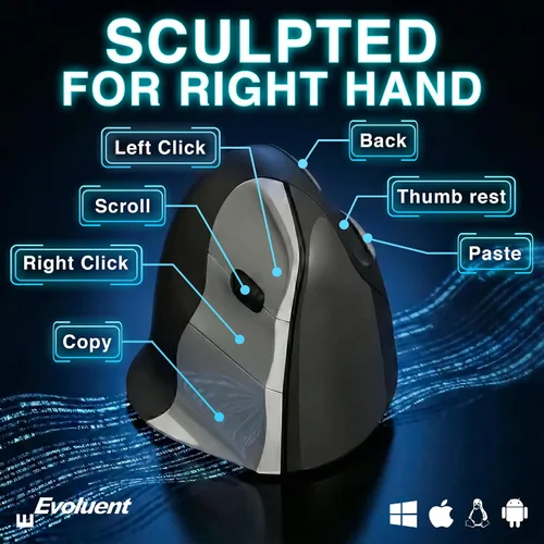 Vista 3 de Evoluent – El ratón vertical original del mundo – VMC Classic Wireless USB/Bluetooth ergonómico Mouse mano derecha M-L, comodidad esculpida, 4