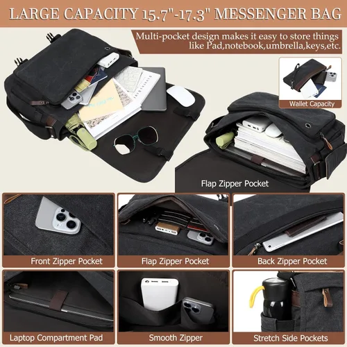 Vista 3 de Bolso de Mensajero de 17.3 Pulgadas para Hombre: 2 Piezas Bolso para Laptop de Cuero PU y Tela de Lona Maletín de Trabajo Grande para Oficina