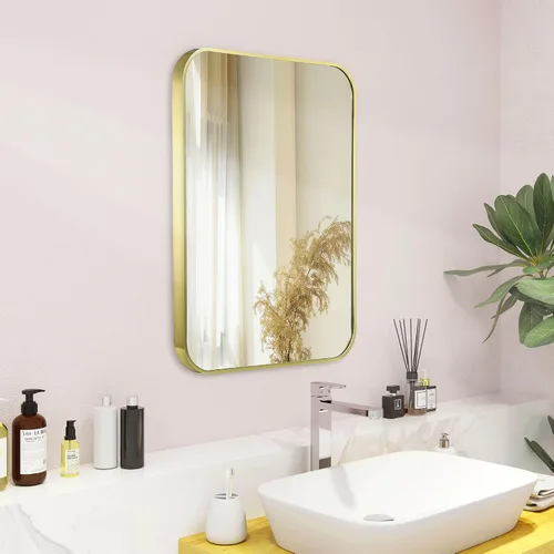 Vista 2 de Espejo de oro francés cepillado de 20 x 30 pulgadas para pared, espejo rectangular redondeado dorado con marco de metal para colgar para baño