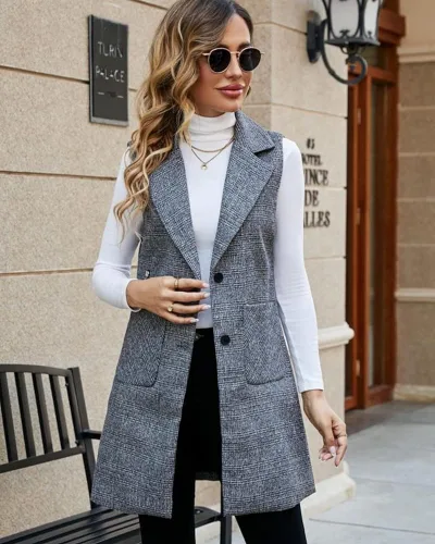Vista 2 de Kedera Chaleco largo de un solo pecho para mujer, casual, sin mangas, con bolsillo, ropa de abrigo larga