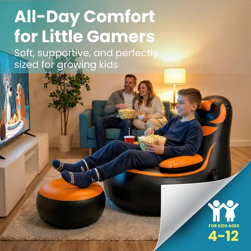 Vista 6 de Silla inflable para juegos para niños, soporta hasta 300 libras, incluye bomba de aire, soporte para tazas, 2 bolsillos, asiento de puf duradero