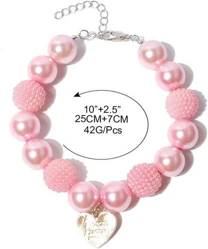 Vista 3 de Lindo collar de perlas de peluche con colgante de corazón rosa, accesorios de ropa para perros, collares de perro pequeños y medianos