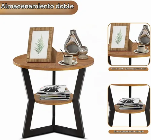 Vista 3 de Mesa auxiliar, mesa auxiliar redonda de madera para sala de estar con mesa de 2 niveles con estante de almacenamiento, diseño de soporte triangular