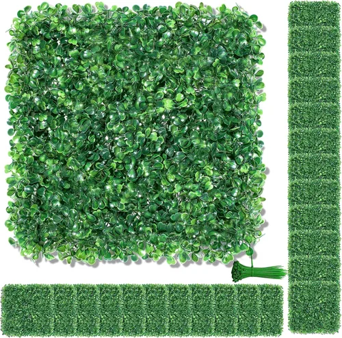 Vista 10 de Paneles de setos artificiales de boj de 10 x 10 pulgadas, 24 piezas de pantalla de privacidad de vegetación sintética, decoración de pared