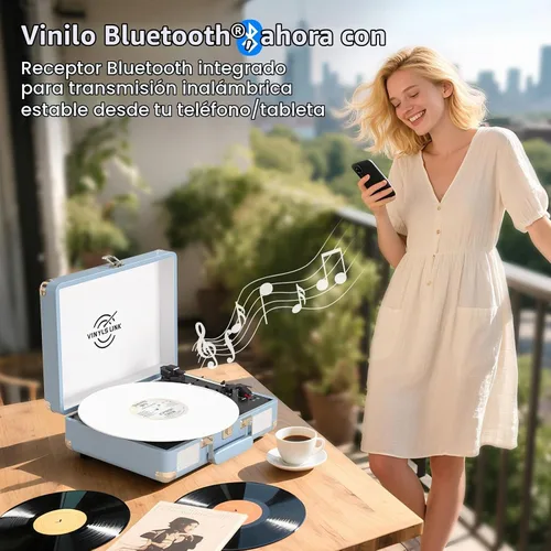 Vista 2 de VINYLS LINK Reproductor de discos de vinilo Bluetooth, tocadiscos de 3 velocidades con altavoces estéreo integrados, tocadiscos portátil de maleta