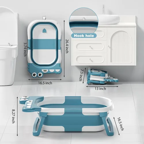 Vista 4 de Bañera plegable para bebé recién nacido, bañera plegable para bebé con termómetro y cojín flotante suave y orificio de drenaje, bañera portátil