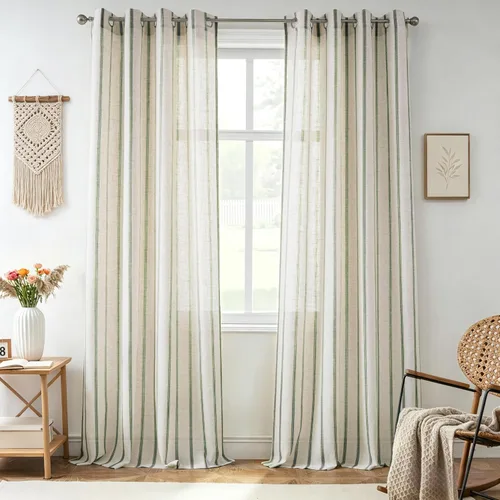 Vista 15 de DriftAway Cortinas de estilo granja con rayas verticales de lino mezclado texturizado con filtro de luz semitransparente para sala de estar
