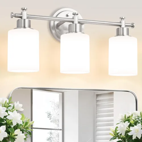 Vista 16 de Lámparas de baño negras de 3 luces, modernas luces de tocador sobre el espejo, apliques de pared de baño con pantalla de vidrio blanco, enchufe E26