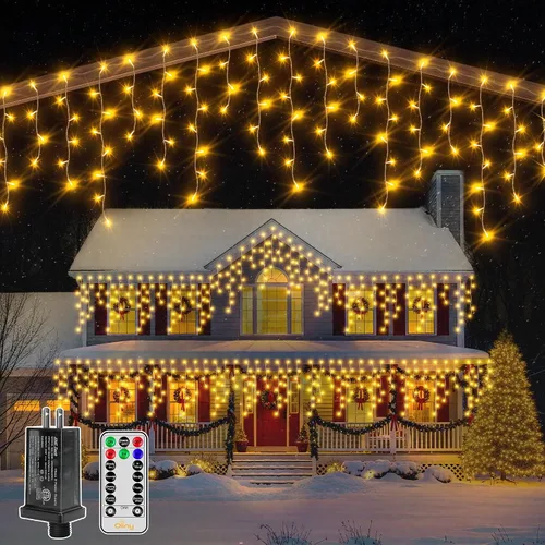 Vista 6 de Ollny Luces de carámbano para exteriores, 306 LED de 25 pies, luz de Navidad que cambia de color con control remoto, 11 modos de temporizador