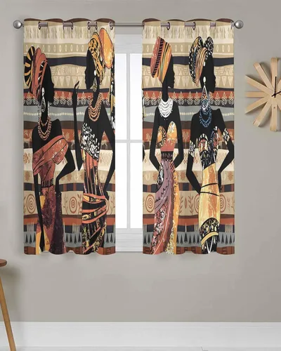 Vista 3 de Cortinas traslúcidas históricas africanas de 39 pulgadas de largo, juego de 2 paneles de cortinas para cocina, dormitorio, sala de estar, puerta