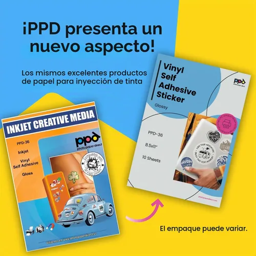 Vista 2 de PPD Premium: papel adhesivo de vinilo imprimible para impresora de inyección de tinta - 10 hojas brillantes de 8.5 x 11 - autoadhesivo, impermeable