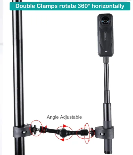 Vista 3 de PellKing Abrazadera de doble abrazadera para cámara, con brazo mágico de 360°, adaptador doble de 1/4 "-20 para paraguas, poste, escritorio