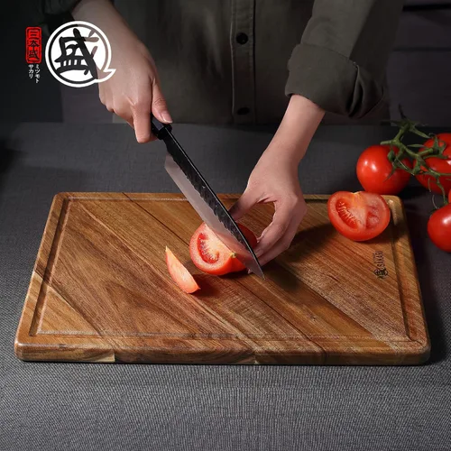Vista 2 de MITSUMOTO SAKARI Tabla de cortar de madera de acacia de 16 x 11 pulgadas con ranura para jugo