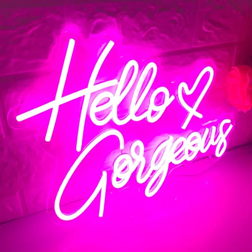 Vista 2 de Letrero de neón con texto en inglés "Hello Gorgeous Neon", luces LED de neón rosadas para el hogar, boda, cumpleaños, telón de fondo, fiesta