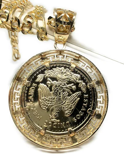 Vista 3 de Fran & Co. Moneda chapada en oro Centenario Mexicano Moneda 50 Pesos Cadena Colgante CZ Oro Cadena 26", Metal