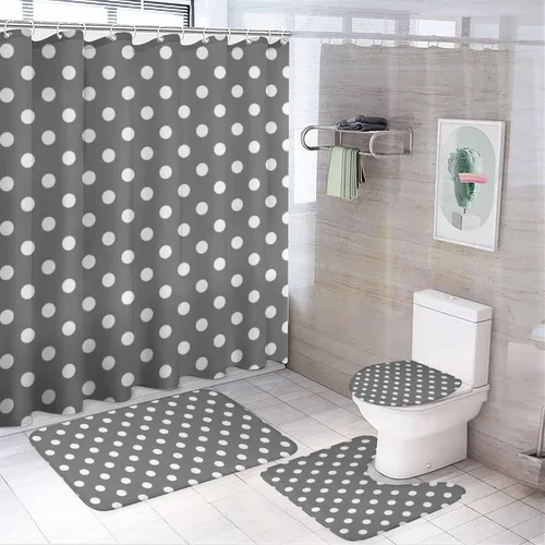 Vista 57 de Juego de 3 alfombras de baño con diseño de lunares, color azul aguamarina, antideslizante, con contorno en forma de U y tapa de inodoro