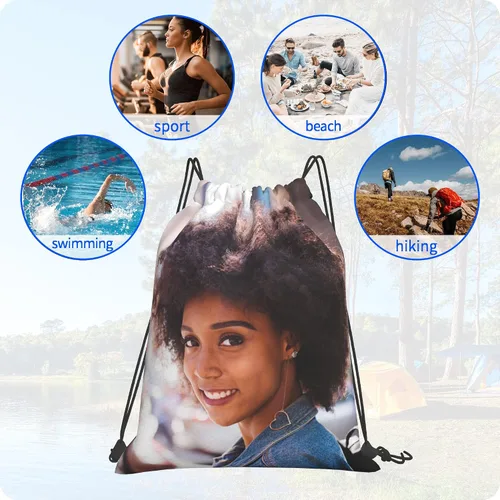 Vista 7 de Mochila personalizada con cordón para hombres y mujeres, pequeña bolsa de gimnasio, playa, compras, deporte, yoga, Nombre Foto Texto, Mochilas