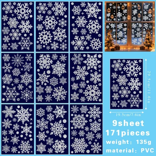 Vista 5 de 171 piezas de decoraciones navideñas para ventanas, copos de nieve plateados, calcomanías de doble cara, decoración de ventana, pared, puerta