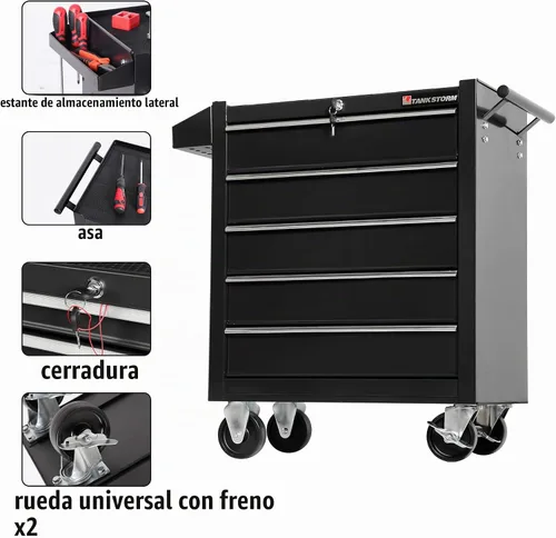Vista 4 de Caja de herramientas con ruedas y cajones de almacenamiento de acero de alta resistencia de 5 cajones (TZ35-BK)