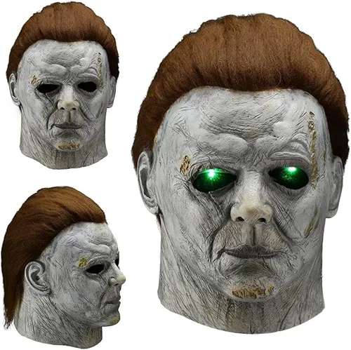 Vista 4 de Led Latex Mask for Halloween Michael Kills Cosplay Scary Masks with Hair Horror Killer Dress Up Costumes Adult Man Masks