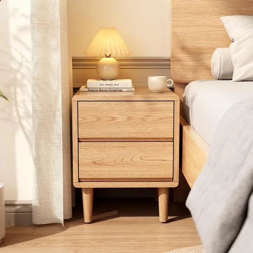 Vista 15 de Mesita de noche alta natural con 3 cajones, mesita de noche moderna de mediados de siglo con almacenamiento, mesita de noche de madera maciza