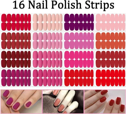 Vista 2 de 224 piezas de 16 hojas de color sólido y mate, autoadhesivas, tiras de esmalte de uñas para mujeres, calcomanías de arte de uñas, accesorios de uñas