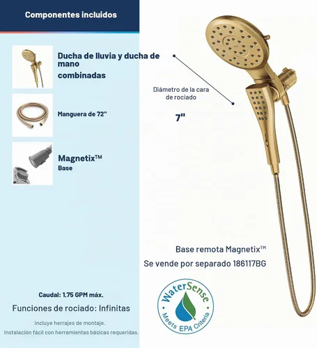 Vista 3 de [Usado] Moen Verso Oro Cepillado - Cabezal de ducha con rociador de ocho funciones Eco Performance de 7 pulgadas de ancho y ducha de mano