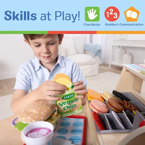 Vista 5 de Melissa & Doug Slice-Stack-Serve, mostrador de sándwiches de madera, tienda de juego de simulación con comida de juguete, dinero de juguete