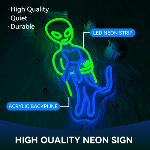 Vista 8 de Ineonlife Letreros de neón de alienígena verde, divertidos letreros de neón de gato alienígena para cueva de hombres, luz LED, decoración de arte