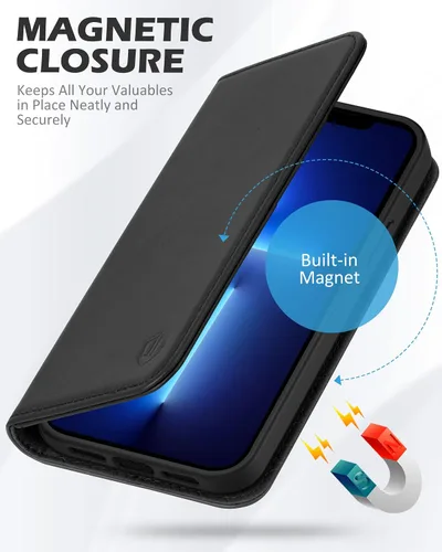 Vista 4 de SHIELDON - Funda tipo cartera de piel auténtica para iPhone 13 Mini de 5.4 pulgadas 2021, color negro Magnetic Closure, RFID Blocking, Credit Card