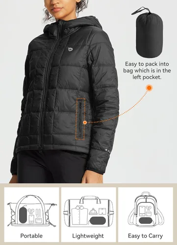 Vista 5 de BALEAF Chaqueta acolchada ligera para mujer, plegable, resistente al agua, con capucha, abrigo acolchado cálido para invierno y viento