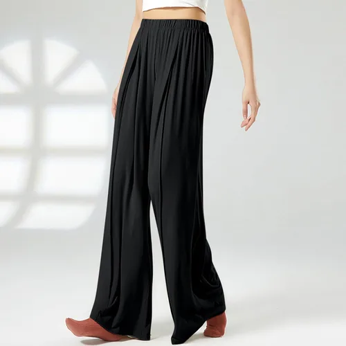 Vista 2 de Mnyycxen Pantalones acogedores para mujer, de cintura alta, fruncidos, de sarga con gráficos laterales, pantalones casuales de pierna ancha