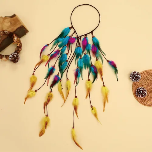 Vista 2 de Diadema bohemia de plumas para festival, accesorios para el cabello largo gitano bohemio con cuentas hippie para mujer (patrón 3)