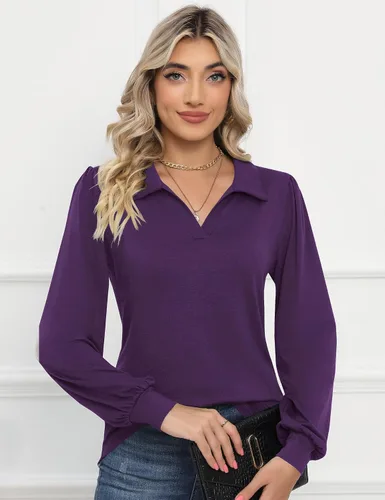 Vista 4 de LOMON Camisas tipo polo de manga larga con cuello en V y manga abombada para mujer