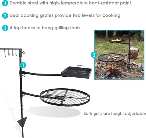 Vista 2 de Sistema doble de parrilla giratoria para exterior de Sunnydaze. Includes 2 Grates & 1 Stake, Easy Assembly, Steel Portable Camp Fire Cooking