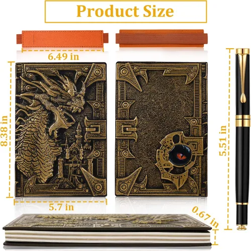 Vista 7 de Cuaderno vintage de cuero con relieve de dragón DND, cuaderno de viaje con bolígrafo negro y funda para bolígrafo. Diario A5 antiguo hecho a mano