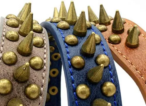 Vista 4 de Spike - Collar de perro con remaches con tachuelas vintage de bronce para cachorros, perros pequeños, medianos y grandes, azul, XS