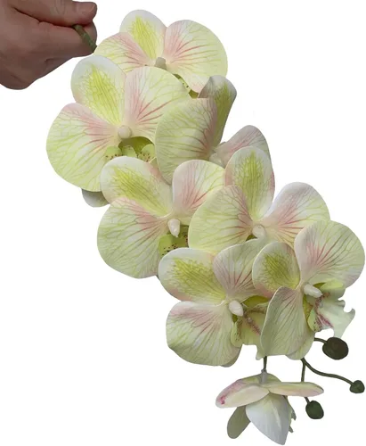 Vista 3 de HinyoCo 5 piezas de orquídeas artificiales y 2 paquetes de hojas, flores artificiales de Phalaenopsis de 32 pulgadas para decoración del hogar