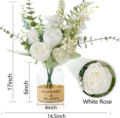 Vista 3 de Anna's Whimsy Flores artificiales con jarrón, rosas blancas, peonías de seda en jarrón, centros de mesa de imitación florales para arreglos de mesa