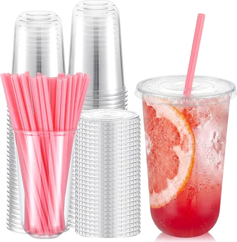 Vista 20 de Ziliny Juego de 50 vasos de plástico de paja negra con pajitas y tapas en forma de corazón, tazas desechables para café helado, mascotas