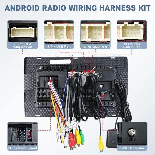 Vista 2 de Kit adaptador de arnés de cableado de radio Android de 16 pines Fiegromech ISO Car Stereo Wire Harness,10&20Pin RCA Connector Back Camera